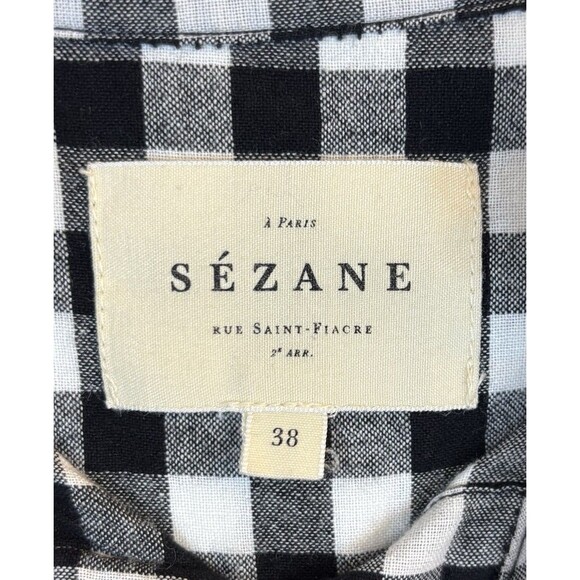 SEZANE Louise Button Up Shirt Black White Gingham 38 Ruffle Cotton Plaid Classic - Picture 3 of 14